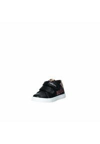 Sneaker in pelle nera con due strap in velcro, suola in gomma bianca e dettagli in rosa. Punta rotonda e superficie liscia.