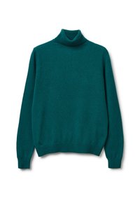 Türkiser Rollkragenpullover aus weichem, strukturiertem Stoff; verfügt über lange Ärmel und einen gerippten Saum für eine figurbetonte Passform.