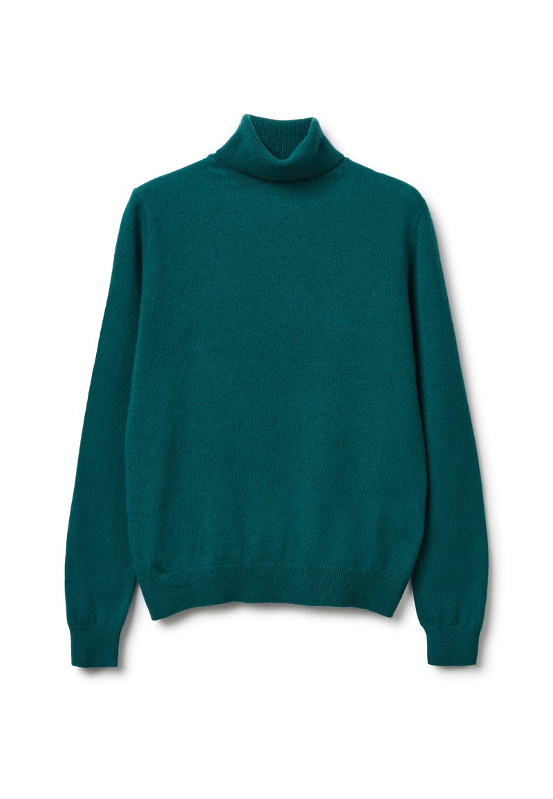 Türkiser Rollkragenpullover aus weichem, strukturiertem Stoff; verfügt über lange Ärmel und einen gerippten Saum für eine figurbetonte Passform.