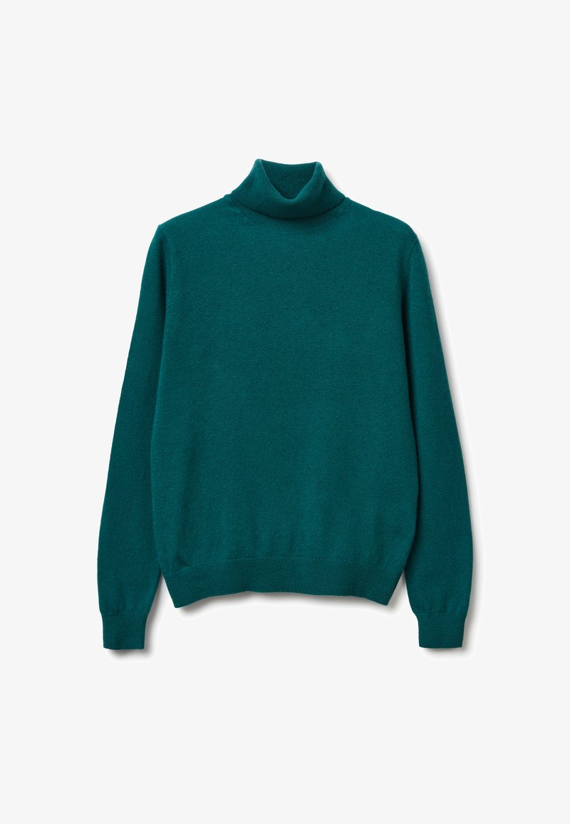 Turkusowy sweter z golfem, wykonany z miękkiego, teksturowanego materiału; ma długie rękawy i prążkowany dół, co nadaje mu dopasowany wygląd.