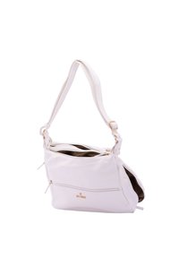 Sac à main en cuir blanc avec une finition texturée, une seule bandoulière, deux compartiments et une poche frontale zippée avec des accents en métal doré.