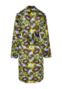 Robe din blană artificială, cu un model floral vibrant în nuanțe de verde, maro, galben și albastru. Include o talie cu cordon și mâneci lungi.