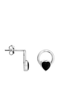 Stiftörhängen med en polerad silverram och en svart hjärtformad detalj. Designade med en enkel, snygg form och säker baksida.