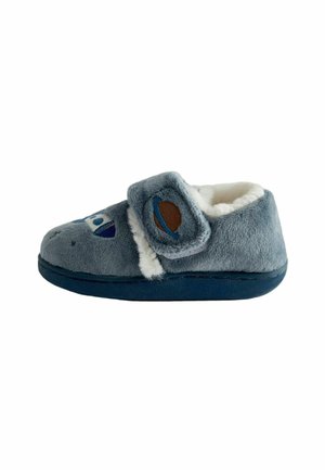 Pantofole per bambini in peluche blu con cinturino a strappo, ricamo a tema spaziale e fodera interna in pile bianco.
