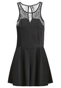 Czarna sukienka bez rękawów z koronkowym gorsetem, dekoltem w kształcie litery V i rozkloszowanym dołem. Gładka faktura, dopasowana w talii z subtelnymi zdobieniami z tyłu.