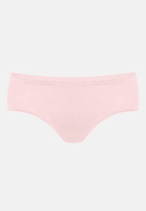 Light pink cotton brief with a scalloped lace trim at the waistband. Soft texture, mid-rise design, and full rear coverage.