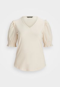 Lauren Ralph Lauren Woman RIB KNIT COTTON BLEND PUFF SLEEVE TOP - T-shirt con stampa - mascarpone cream