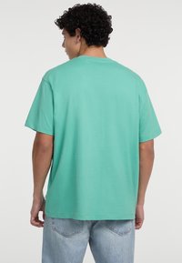 Mintgrünes T-Shirt mit kurzen Ärmeln, lässiger Passform und Rundhalsausschnitt; schlichte Rückseite mit einer glatten, weichen Textur und lässigem Stil.