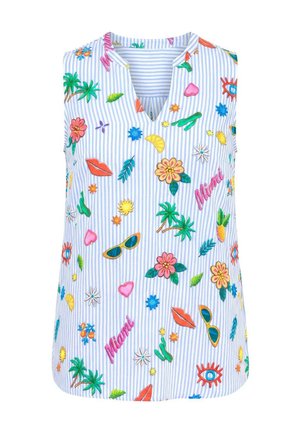 Haut sans manches à col en V avec des rayures bleues et blanches, décoré de fleurs brodées colorées, lunettes de soleil, lèvres, cœurs, "Miami" et motifs tropicaux.