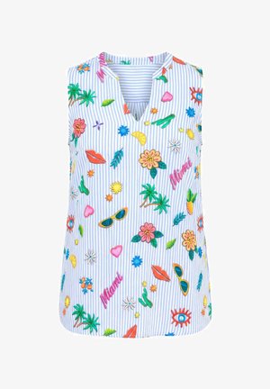 Haut sans manches à col en V avec des rayures bleues et blanches, décoré de fleurs brodées colorées, lunettes de soleil, lèvres, cœurs, "Miami" et motifs tropicaux.