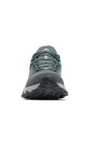 Gray trail running shoes with a mesh upper, blue accents, and a textured black rubber sole designed for traction. Reflective elements included.