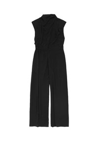 Black sleeveless jumpsuit with a draped neckline, relaxed fit, and wide legs. Made from soft textured fabric. Elongated silhouette enhances flow.