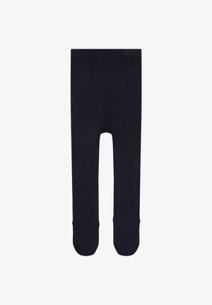 Collant blu navy realizzati in tessuto morbido, caratterizzati da una texture liscia e design con piede, adatti a vari stili di abbigliamento.