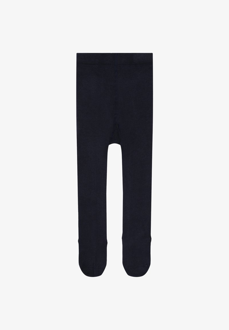 Collant blu navy realizzati in tessuto morbido, caratterizzati da una texture liscia e design con piede, adatti a vari stili di abbigliamento.