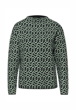 Strickpullover mit geometrischem Muster in Hellgrün und Schwarz, langen Ärmeln und rundem Ausschnitt. Strukturiertes Gewebe.