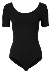 Body corto nero a maniche corte realizzato in tessuto morbido. Presenta un ampio scollo a barca e bottoni sul fondo per la chiusura. Design semplice e aderente.