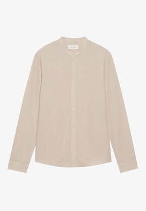 Beige long-sleeve shirt made of lightweight fabric, featuring a mandarin collar and a button-down front with subtle texture.