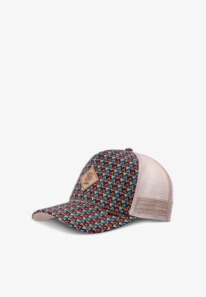 Trucker hat with a patterned fabric in red, blue, and beige; features a tan leather patch with logo and mesh back for ventilation.