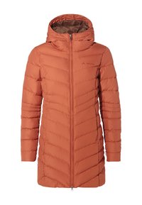 Gevoerde jas in roestoranje met chevronstiksels, capuchon en ritssluiting aan de voorkant. Kenmerkt zich door een lichte, soepele textuur en elastische manchetten.