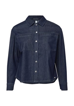 Dunkelblaues Jeanshemd mit langen Ärmeln, zwei Brusttaschen und klassischem Kragen, schlichtem Vorderteil und Metall-Druckknöpfen.