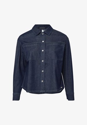 Dunkelblaues Jeanshemd mit langen Ärmeln, zwei Brusttaschen und klassischem Kragen, schlichtem Vorderteil und Metall-Druckknöpfen.