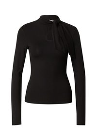 Schwarzes Langarmoberteil mit hohem Kragen und einer gebundenen Schleifendetail an einer Schulter, gefertigt aus einem glatten, elastischen Stoff.