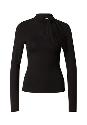 Zwarte longsleeve top met een hoge hals en een strikdetail op één schouder, gemaakt van een soepele, rekbare stof.