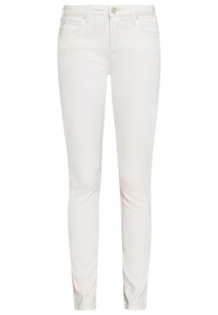 Jeans blancos ajustados de mezclilla. Presentan un diseño de cinco bolsillos y un cierre delantero con botón. Textura suave con un acabado limpio.