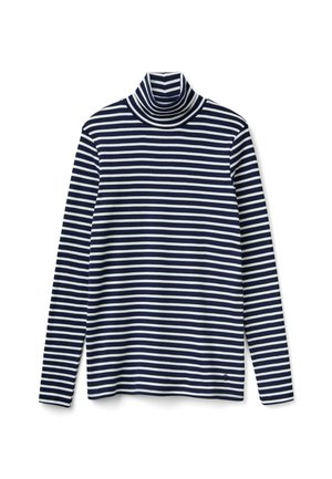 Granatowy i biały w paski golf o długich rękawach o miękkiej fakturze. Posiada wysoki kołnierz i luźny krój. Dyskretne logo na dolnym brzegu.
