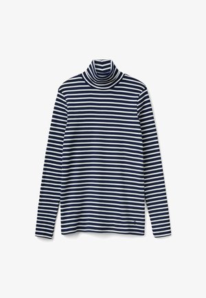 Granatowy i biały w paski golf o długich rękawach o miękkiej fakturze. Posiada wysoki kołnierz i luźny krój. Dyskretne logo na dolnym brzegu.