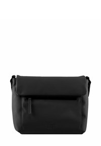 Borsa a tracolla nera con chiusura a patta, realizzata in materiale sintetico liscio, dotata di una tasca frontale con zip e tracolla regolabile.