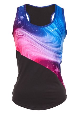 Sleeveless athletic tank top with a multicolored galaxy print in blue, pink, and black. Features a round neckline and a fitted design.