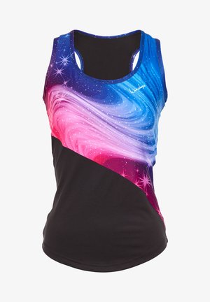 Varrukadeta sportlik tank top, millel on mitmevärviline galaktika muster sinise, roosa ja musta värviga. Omab ümmargust kaelust ja sobivat disaini.