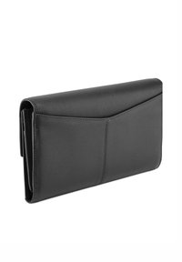 Billetera de cuero negro con un diseño elegante, que presenta un cierre de solapa, costuras sutiles y una textura suave. Forma rectangular con un bolsillo frontal.