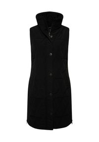 Mustat tikatut ilmanhihoilla varustetut liivit, joissa on korkea kaulus, napitus edessä ja sivutaskut, jotka on suunniteltu lämmöksi ja tyyliin.