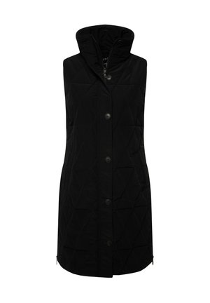 Chaleco sin mangas acolchado negro con cuello alto, cierre de botones en la parte frontal y bolsillos laterales, diseñado para brindar calidez y estilo.