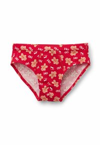 Czerwone bawełniane majtki z powtarzającym się wzorem z piernikowymi ludzikami i napisem „Ho Ho”. Posiadają jednolity pas i elastyczne wykończenie.