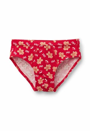 Rote Baumwoll-Slips mit einem wiederholten Lebkuchenmuster und dem Schriftzug "Ho Ho". Verfügt über einen festen Bund und elastische Kanten.
