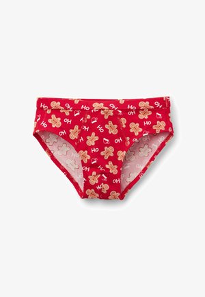 Červené bavlněné slipy se vzorem perníčkových panáčků a nápisem "Ho Ho". Mají jednobarevný pas a elastický lem.