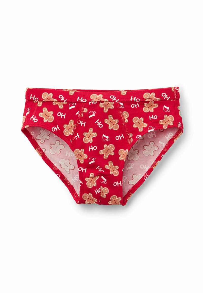 Czerwone bawełniane majtki z powtarzającym się wzorem z piernikowymi ludzikami i napisem „Ho Ho”. Posiadają jednolity pas i elastyczne wykończenie.