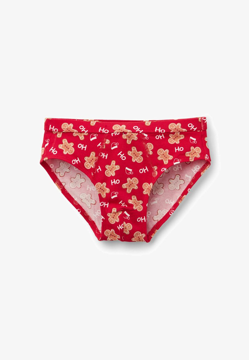 Czerwone bawełniane majtki z powtarzającym się wzorem z piernikowymi ludzikami i napisem „Ho Ho”. Posiadają jednolity pas i elastyczne wykończenie.