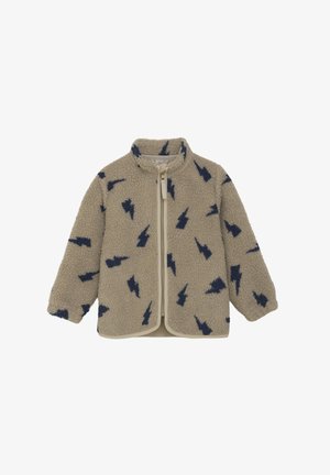 Beige fleece jacket with a soft texture, featuring a navy lightning bolt pattern. Front zip closure and high collar design.