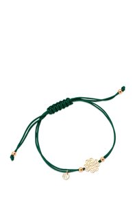 Zielona bransoletka z cordu z złotym charms'em w kształcie kwiatu oraz małym złotym dyskiem, z węzłowymi akcentami i regulowanym zapięciem typu sliding.