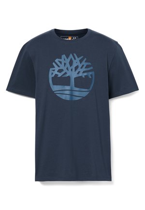 T-shirt in cotone blu navy con un grande logo di un albero azzurro chiaro all'interno di un cerchio. Maniche corte e scollatura tonda.