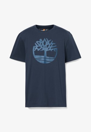 Granatowa bawełniana koszulka z dużym jasnoniebieskim logo drzewa wewnątrz okręgu. Krótkie rękawy i okrągły dekolt.