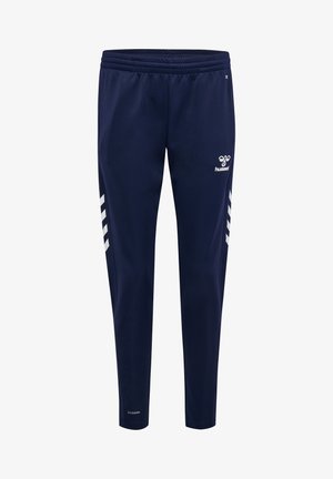 Marineblaue Jogginghosen aus leichtem Material, mit einem dehnbaren Taillenbund, weißem Logo und drei weißen Streifen an den Seiten.