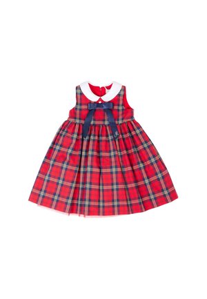 Rood geruite jurk met een witte kraag, marineblauwe strikaccent, mouwloos ontwerp en geplooide rok. Met knoopsluiting aan de achterkant.