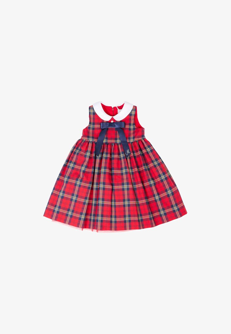 Rood geruite jurk met een witte kraag, marineblauwe strikaccent, mouwloos ontwerp en geplooide rok. Met knoopsluiting aan de achterkant.