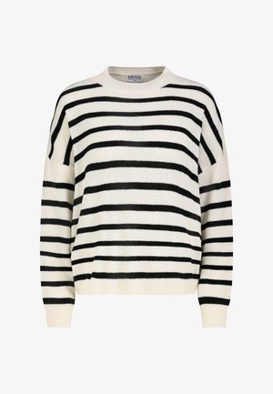 Weißer Sweatshirt mit Rundhalsausschnitt, horizontalen schwarzen Streifen und gerippten Bündchen an Ärmeln und Saum, Größe M, Markenetikett im Krageninneren sichtbar.