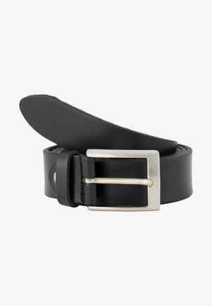 Schwarzer Leder-Gürtel mit glatter Oberfläche, versehen mit einer rechteckigen silbernen Metallschnalle und einem einzelnen Dorn-Design.